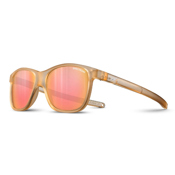 Spectra-Plus sunglasses with a translucent warm gold frame and mirrored pink lenses, shown on a clean white background. #color_matte-blush-with-spectron-3-lens