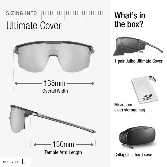 A product information graphic for the Ultimate Cover sunglasses lens. It shows sizing info with overall width 135mm and temple arm length 130mm, alongside what's in the box: 1 pair of Julbo Ultimate Cover sunglasses, a microfiber cloth storage bag, and a collapsible hard case. #color_black-blue-with-reactiv-0-4-high-contrast-lens