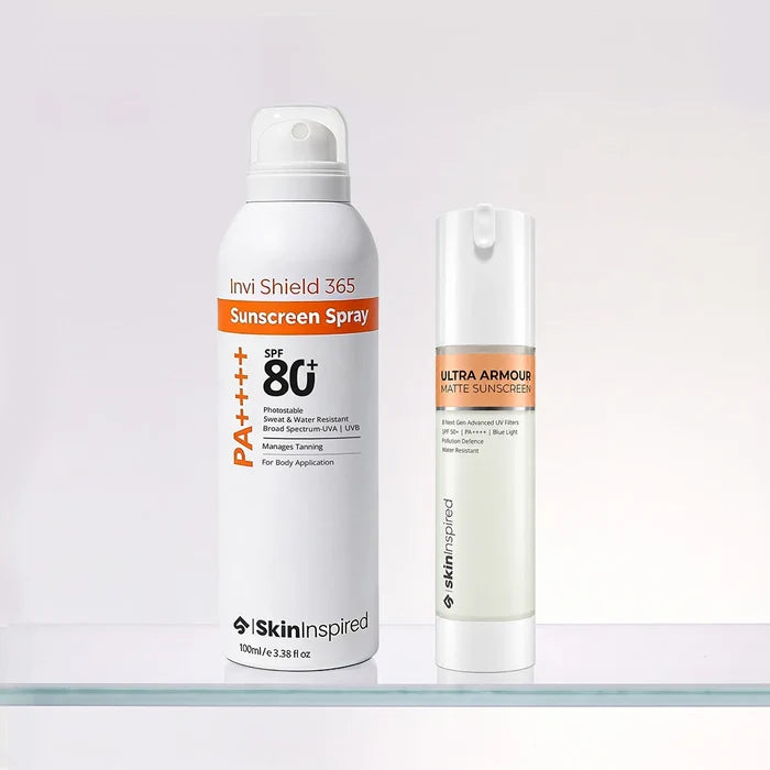 Skininspired Ultimate Sun Protection with body sunscreen spary and matte silicon sunscreen.