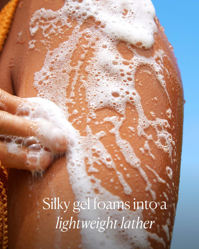 Silky gel body wash lathered on skin with text emphasizing lightweight foam