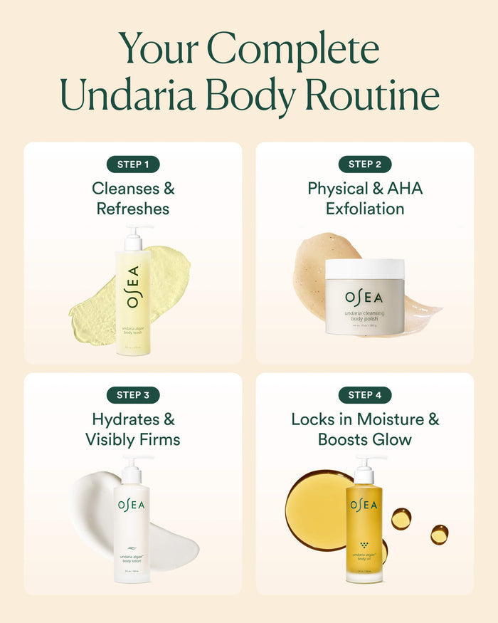 OSEA skincare product set with step-by-step routine on a beige background