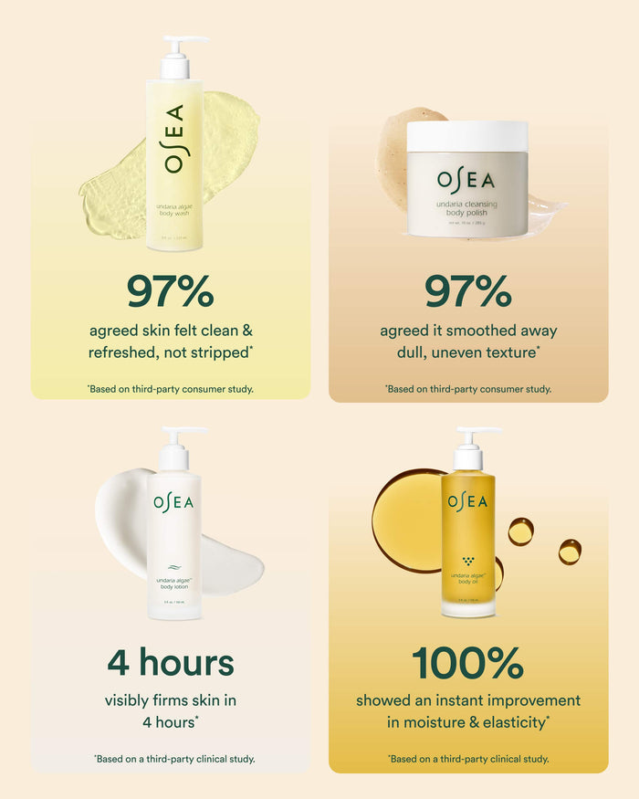 Osea skincare products with text on a beige background