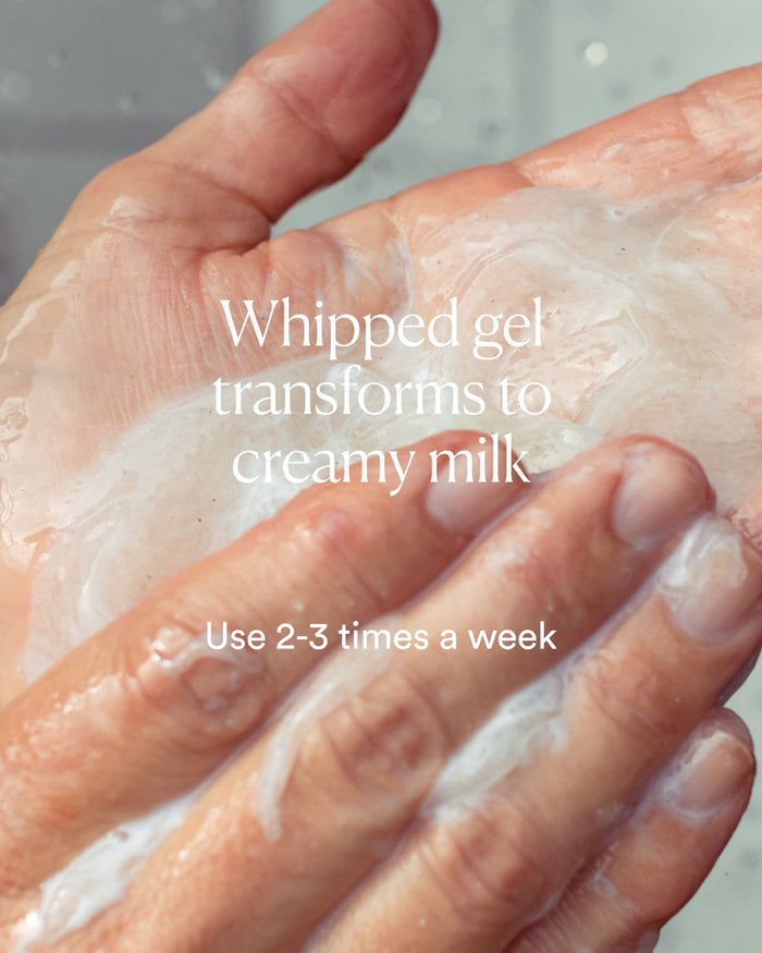 Close-up of whipped gel texture transforming into creamy milk with use guidance 2–3 times weekly