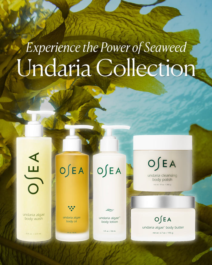 Undaria Collection body care lineup featuring cleanser, oil, lotion, polish, and body butter