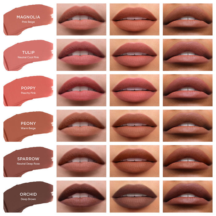 A shade comparison of Hourglass Unlocked Soft Matte Lipstick variant: Zinnia 358