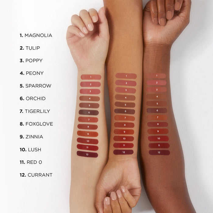 An arm swatch of Hourglass Unlocked Soft Matte Lipstick variant: Zinnia 358