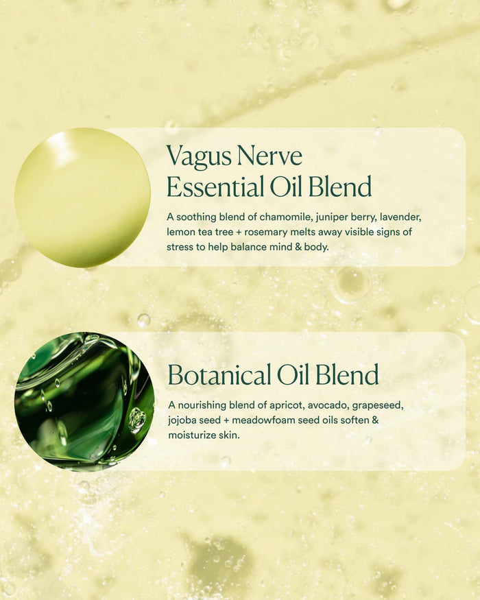 Key ingredients in Vagus Nerve Bath Oil: calming essential oil blend and nourishing botanical oil blend