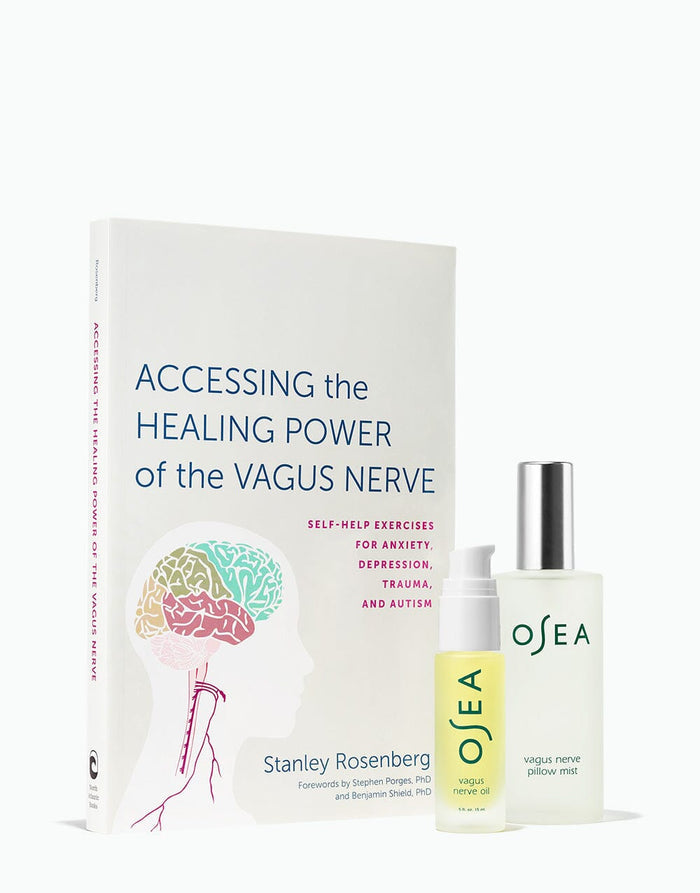Accessing the Healing Power of the Vagus Nerve book displayed with OSEA Vagus Nerve Oil and Pillow Mist