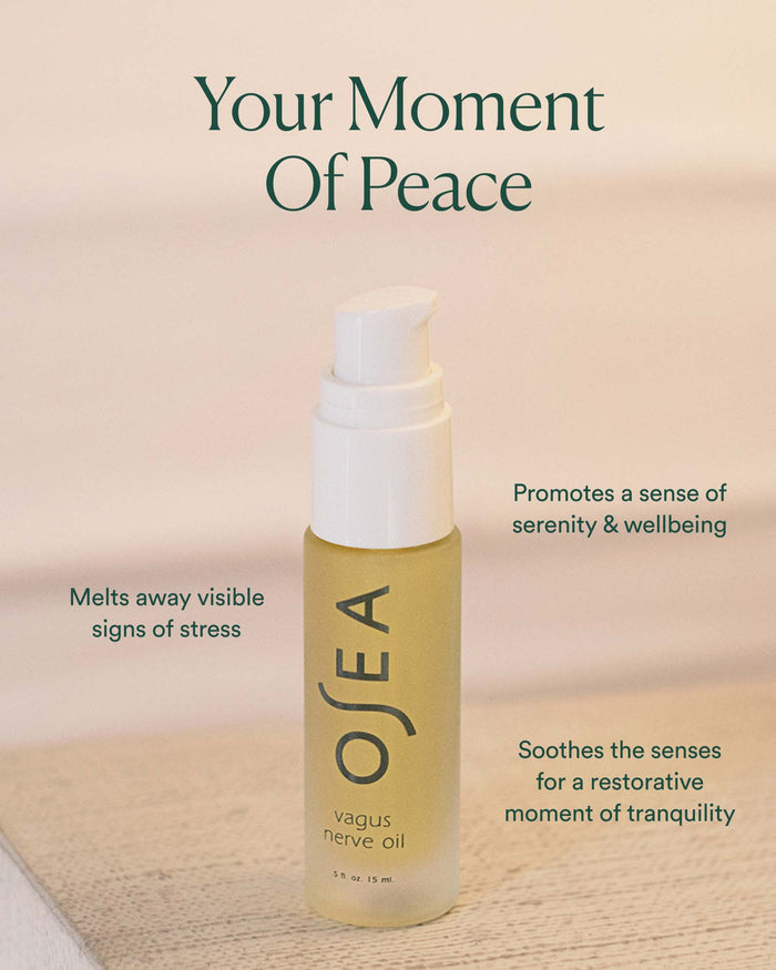 Lifestyle image of Vagus Nerve Oil with “Your Moment of Peace” messaging highlighting stress relief and serenity benefits