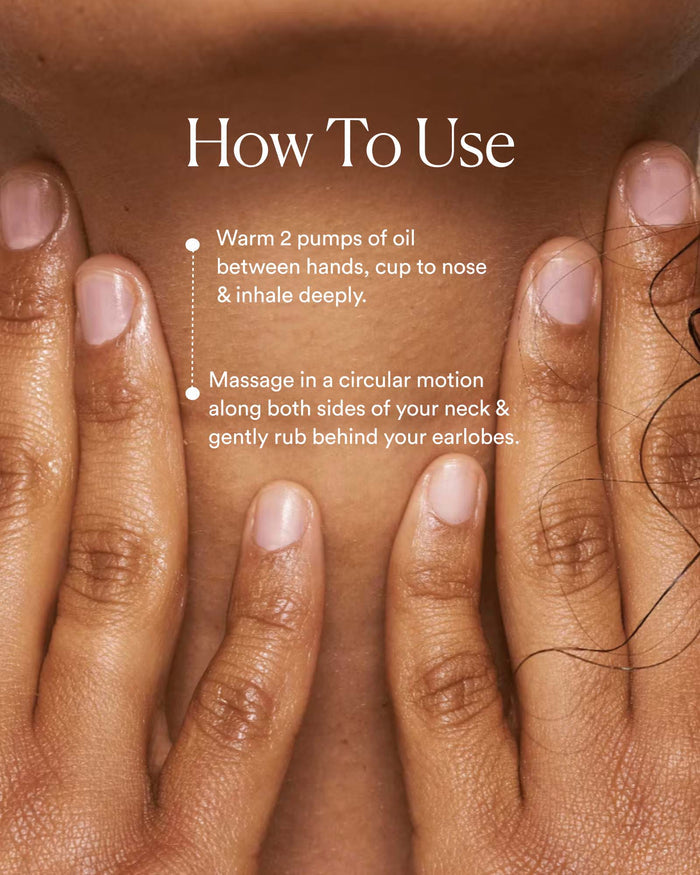 Close-up demonstration of application on neck with step-by-step usage instructions for inhaling and massaging along the vagus nerve area