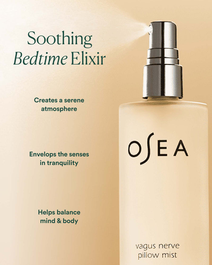 Vagus Nerve Pillow Mist spraying fine mist with on-image text highlighting calming bedtime benefits