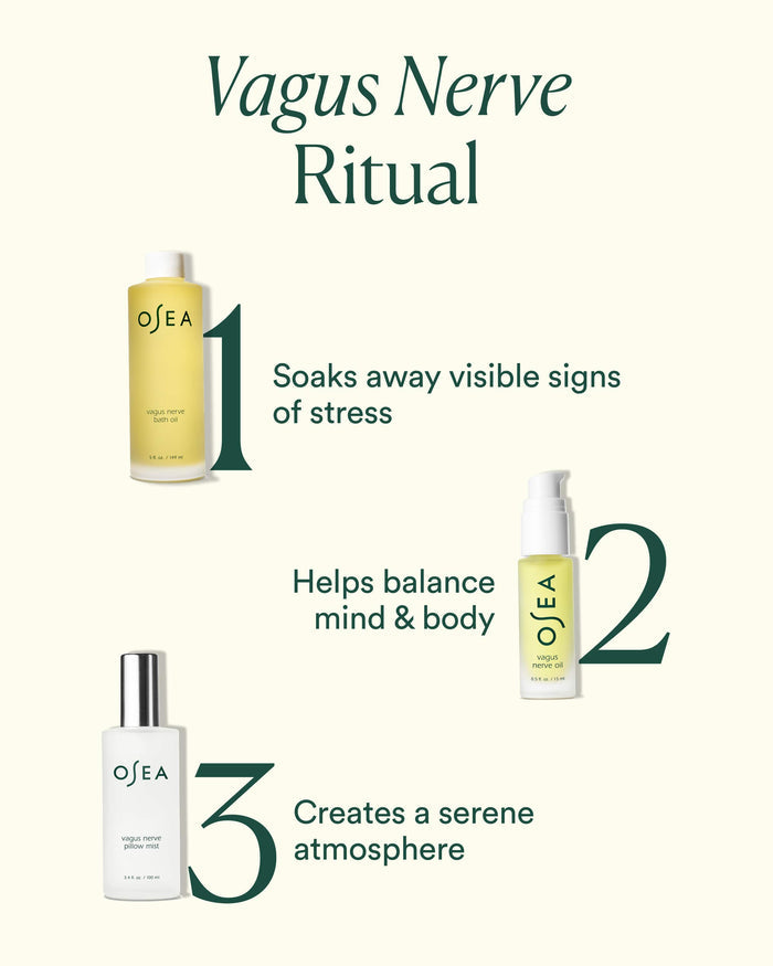 OSEA skincare products with text describing Vagus Nerve Ritual benefits on a white background
