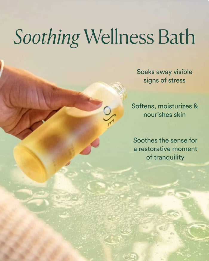 Hand holding a bottle labeled 'Soothing Wellness Bath' with text about its benefits on a blurred bath scene background.