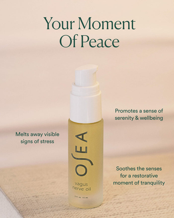 Oseas vagus nerve oil bottle with promotional text on a beige background