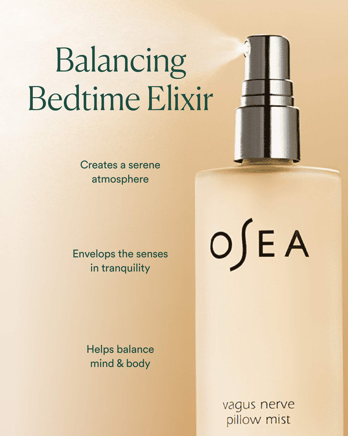 Osea balancing bedtime elixir bottle on a beige background