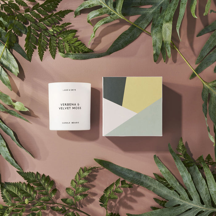 Lifestyle image of Lake & Skye Verbena and Velvet Moss Candle