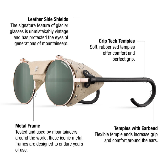 The Vermont Classic by Julbo-usa are round mountaineering sunglasses featuring leather side shields, a metal frame, rubberized grip tech temples, and flexible earbend tips for comfort and durability in extreme conditions. #color_rose-gold-beige-with-spectron-3-lens