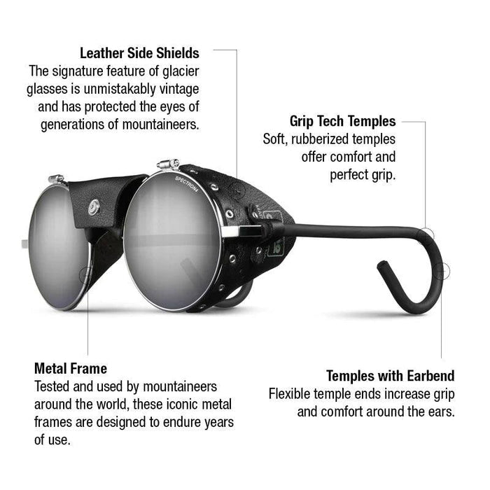 The Julbo-usa Vermont Classic features round glacier glasses with leather side shields, a metal frame, and rubberized grip tech temples for durable, comfortable mountaineering, plus high-performance lenses. #color_chrome-black-with-spectron-4-lens