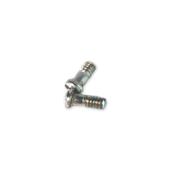 Two small silver metal screws from Julbo USA’s Vermont Lenses & Parts, ideal for fixing temple arms or side shields on Vermont Classic sunglasses, are shown on a white background, one screw placed atop the other. #color_vermont-temple-arms-pair-black